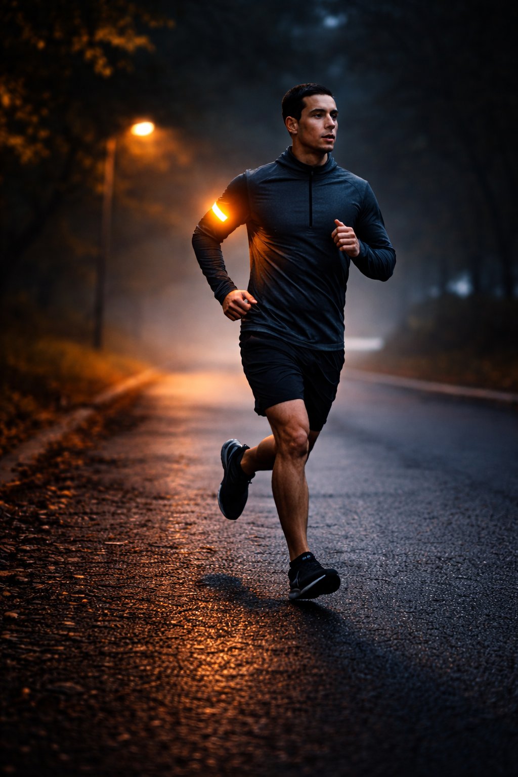 Runner at night with LED safety lights